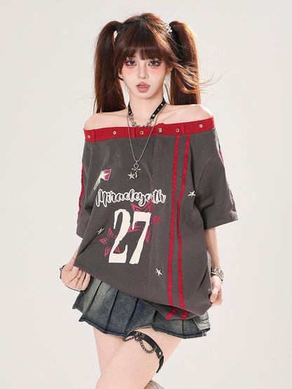 Gray Off-the-shoulder Neckline Number and Star Print Loose T-shirt
