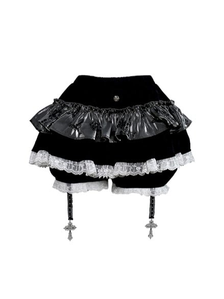 Gothic Black Tiered Skort with Lace Trim and Cross-Strap Accents