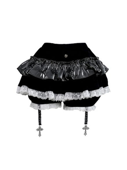 Gothic Black Tiered Skort with Lace Trim and Cross-Strap Accents