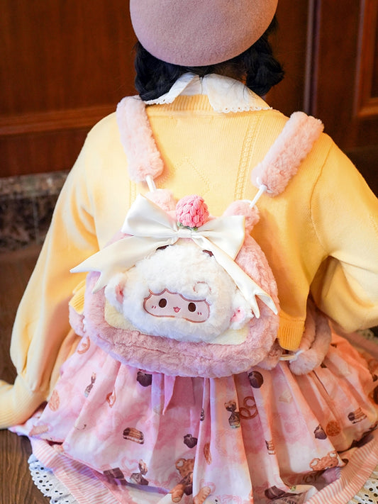 Bowknot Decorated Pink Plush Lamb Backpack