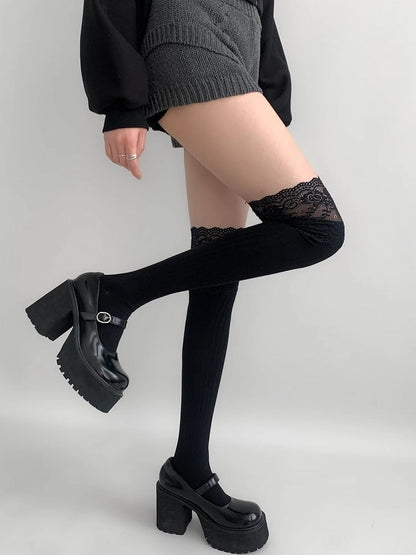 White/Black/Dark Gray/Beige/Light Gray Lace Trim Knitted Over-knee Stockings