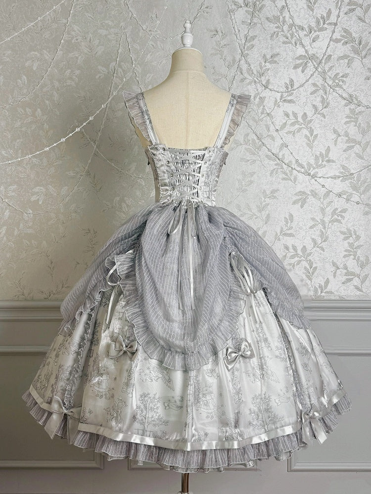 Silver Gray Corset Waist Drawstring Overlay Skirt Lolita Jumper Skirt