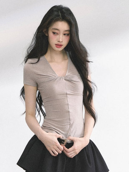 Light Gray Twist Detail Neckline Slim-fitting T-shirt