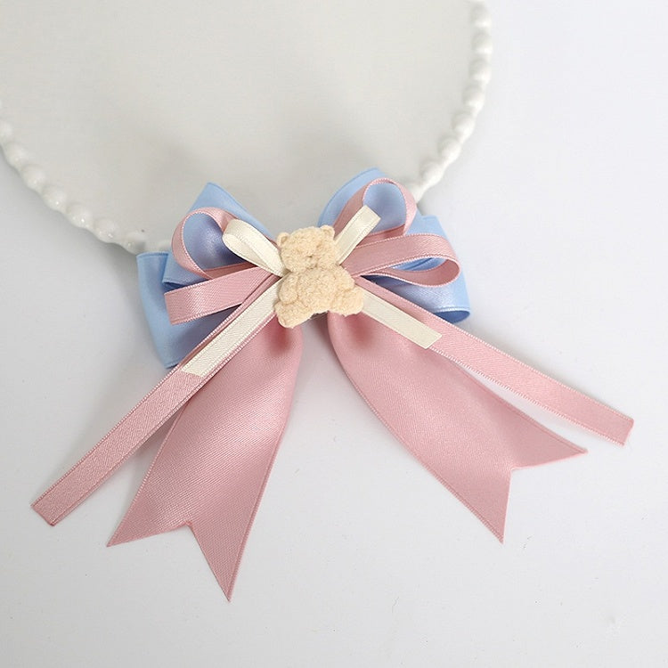 Beautiful Lolita Pink & Blue Bowknot Hairclip with Bear Decoration