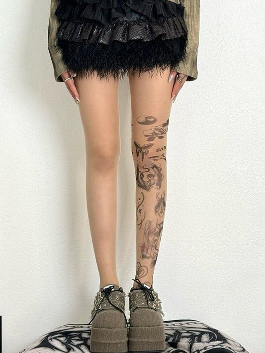 Nude Butterfly Rosette And Cartoon Girl Print Tights