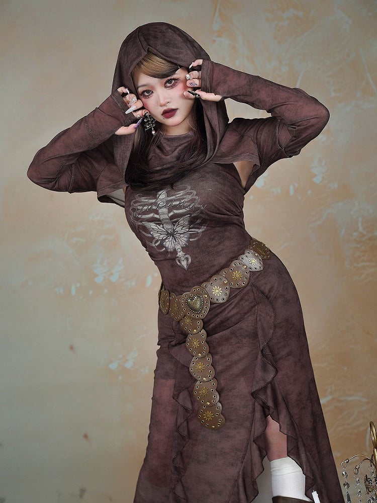 Plus Size Dark Coffee Butterfly Skeleton Print Wasteland Punk Side Slit Dress