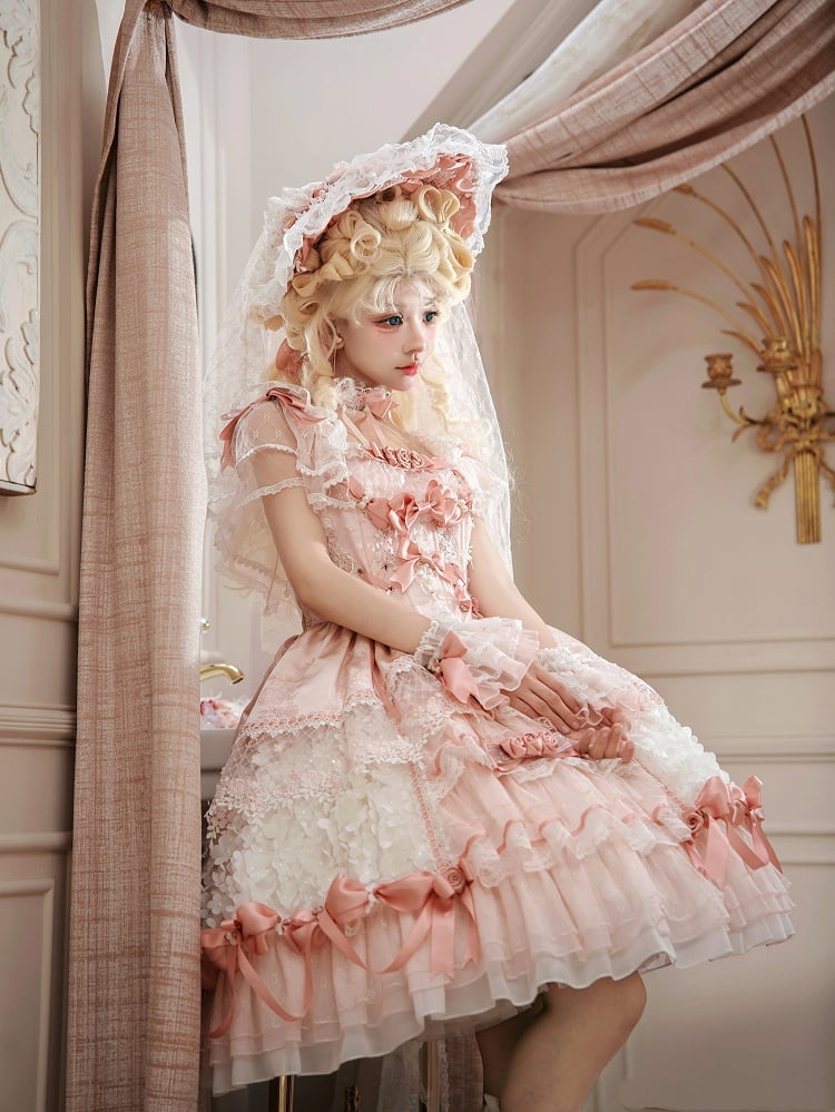 Pink Hanayome Lolita Hime Dress with Corset Waist and Rose Bow Accents Short Version