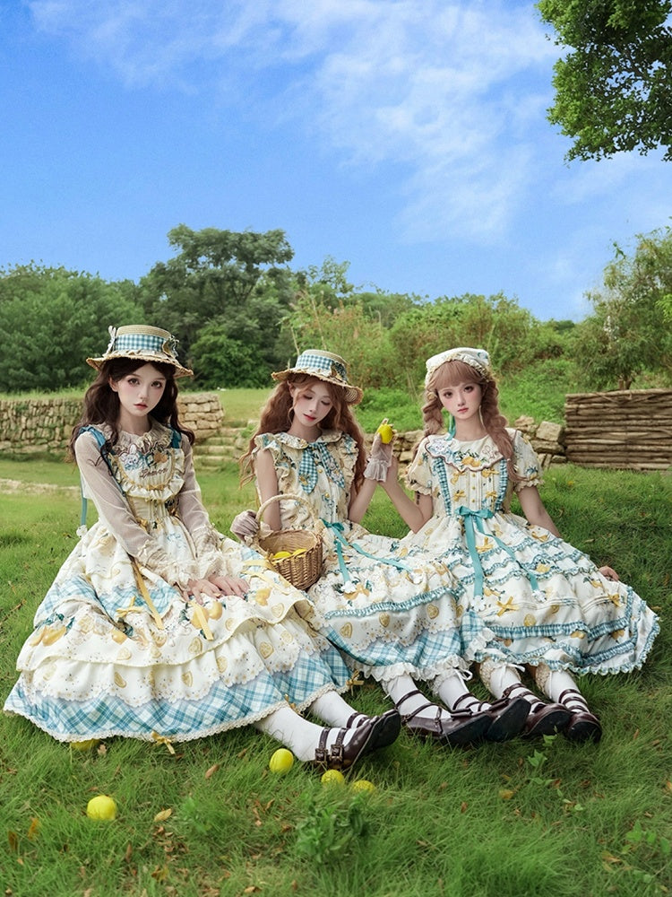 Blue & Yellow Puff Sleeves Tiered Ruffles Country Lolita Dress with Lemon and Rabbit Print