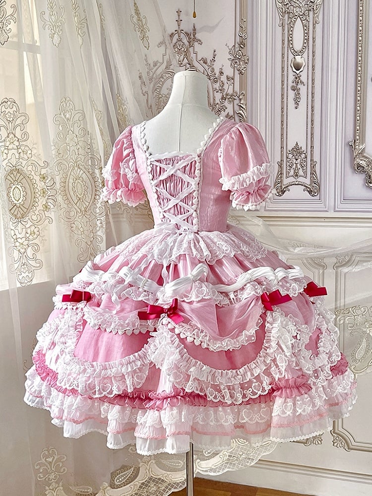 Clearance-Size XXL for Bust 100CM Pink Strawberry Cake Short Puff Sleeves Sweet Lolita Birthday Dress