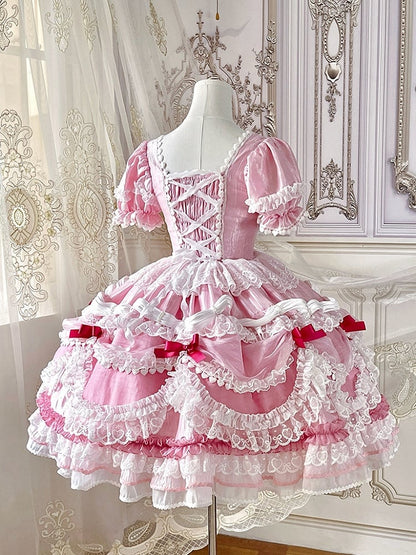 Clearance-Size XXL for Bust 100CM Pink Strawberry Cake Short Puff Sleeves Sweet Lolita Birthday Dress