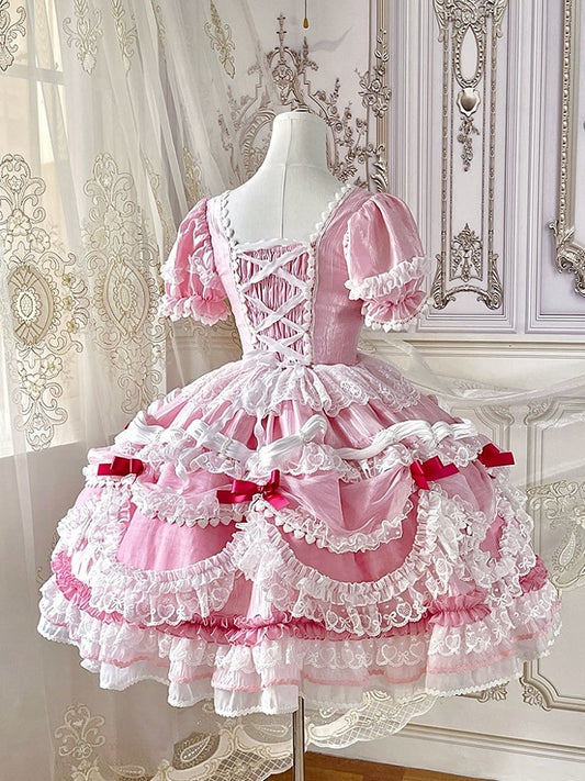 Clearance-Size XXL for Bust 100CM Pink Strawberry Cake Short Puff Sleeves Sweet Lolita Birthday Dress
