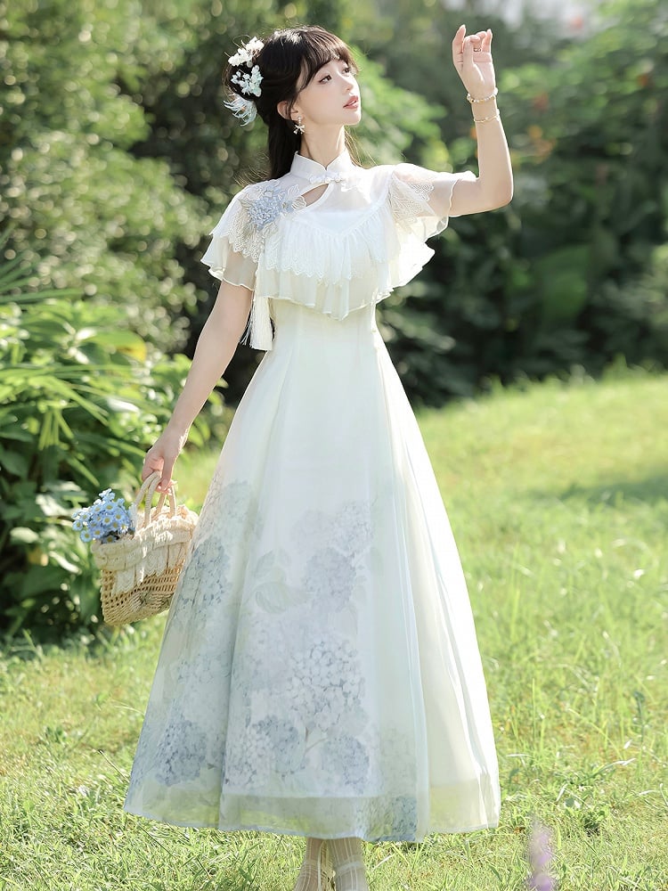 Hydrangea Print White Elegant Classic Lolita Dress with Lace Shawl