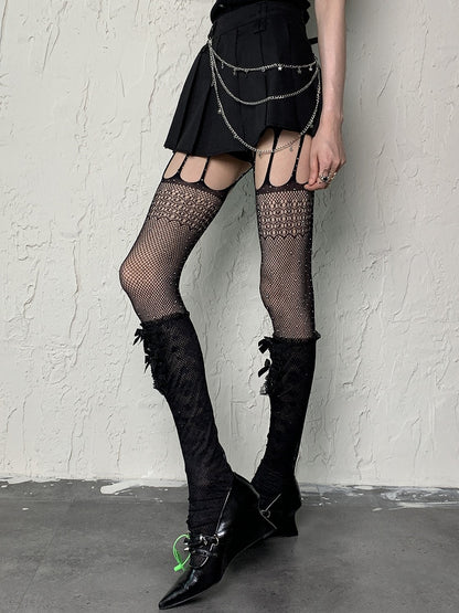 Black Y2K Rhinestone Fishnet Suspender Tights