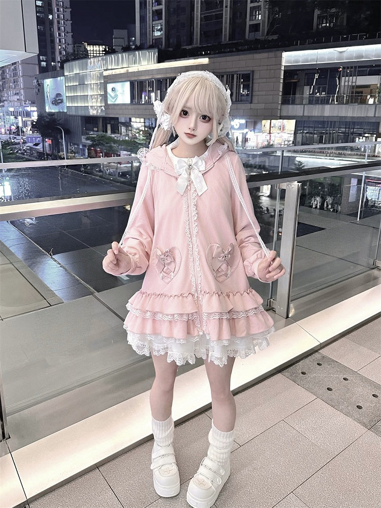 Sweet Pink Jirai Kei Bunny-Eared Hoodie Dress | Tiered Ruffles & Heart Pockets