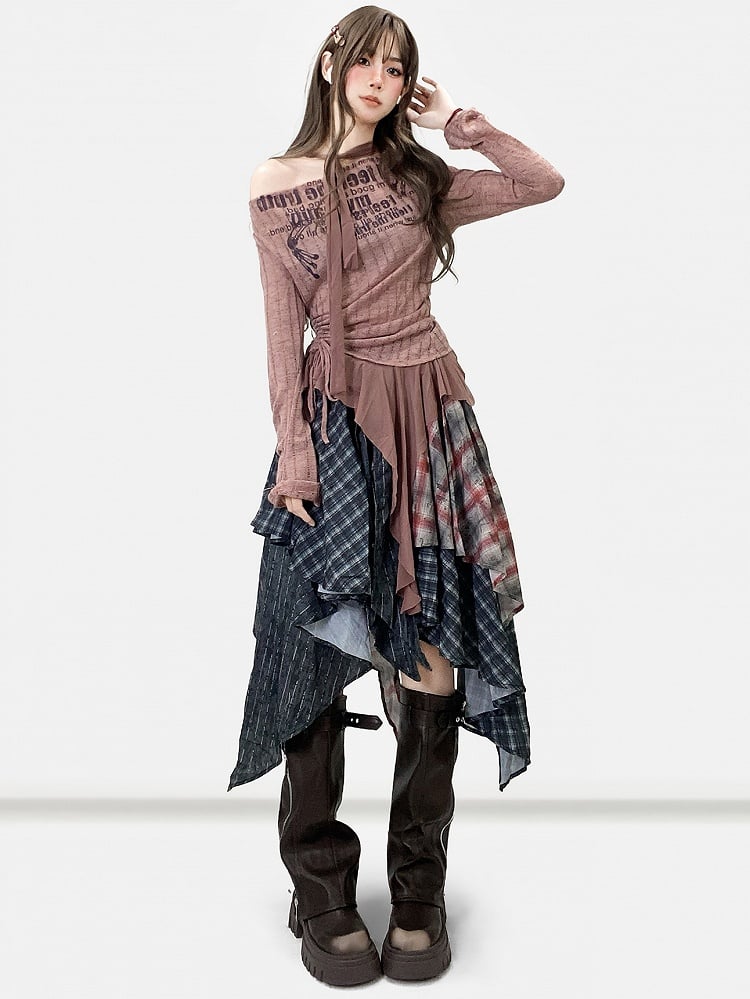 Reddish Brown Millard Fashion Letter Print Striped Pattern Asymmetrical Hem Top + Scarf