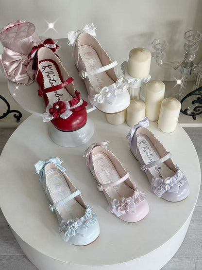 Flower-Shaped Buckle & Bow Accents PU Creamy White Cherry Blossom Themed Low-heel Mary Janes in Sweet Lolita