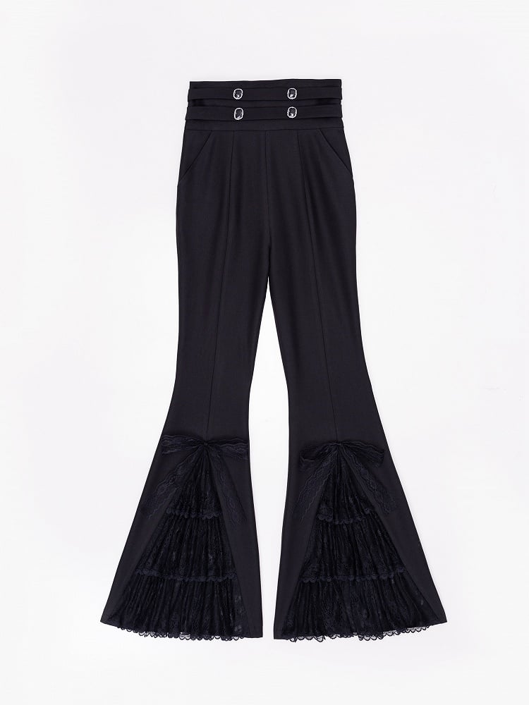 Black Corset Belt High Waist Lace Patched Flared Pants