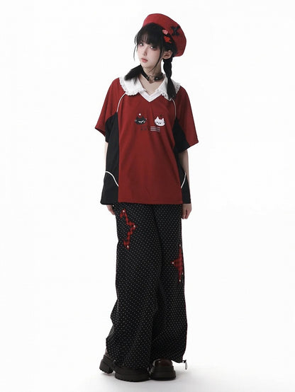 Red Plaid Star Applique Drawstring Cuffs Black Polka Dot Casual Pants