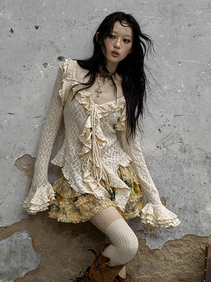 Apricot Vintage Ruffles Bell Sleeves Slim Fit Top