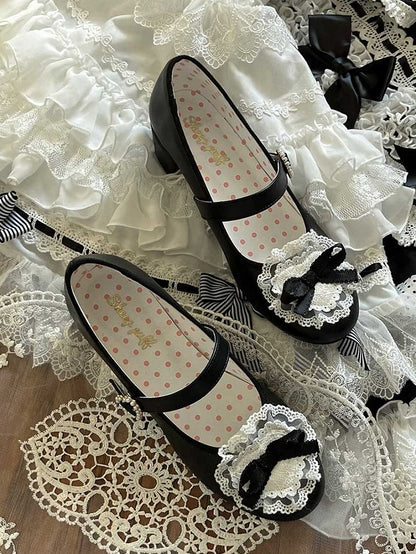 Blue Bow at Top Lace Trim Beaded Heart Buckles Lolita Shoes