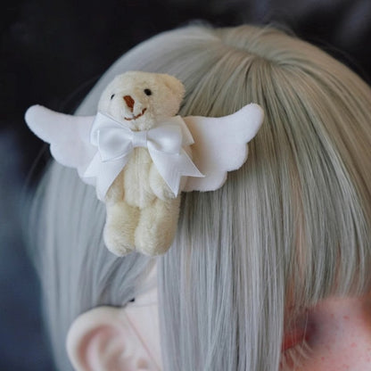 White Angel Wing Beige Teddy Bear Bow Hairclip