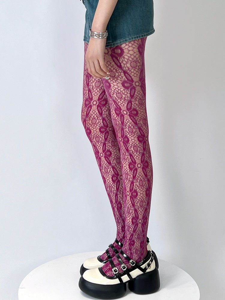 Rose Red Hollow-out Design Floral Pattern Tights