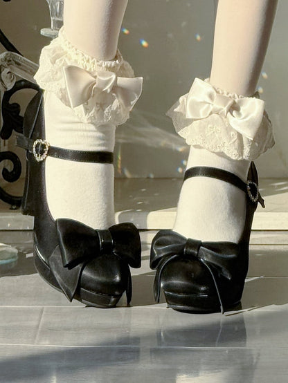 Black Elegant Lolita High Heels - Bow at Top & Rhinestone Heart Buckle