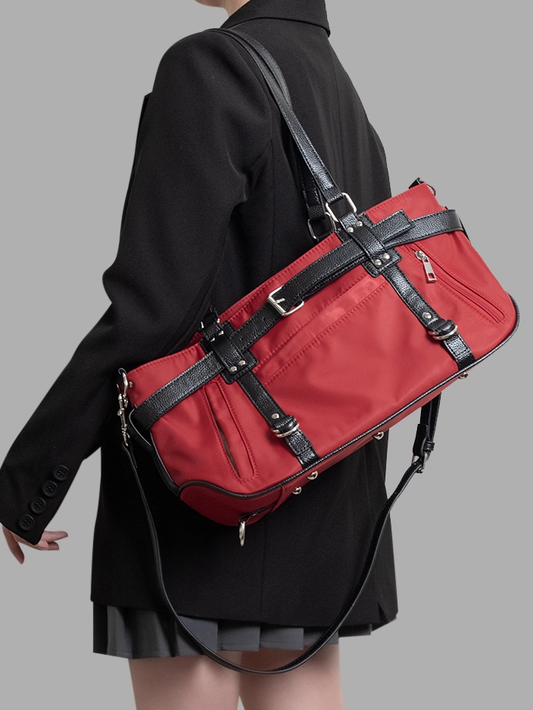 Charming Red Medium-Sized Tote Bag with Sweet and Edgy Belt Accents