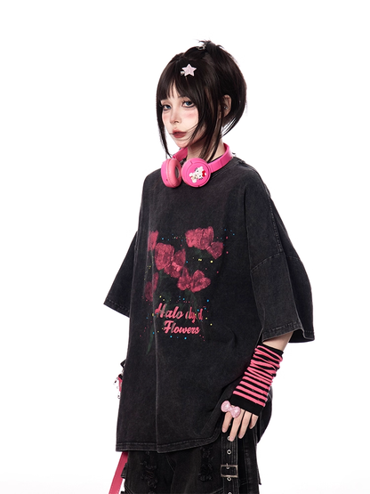 Red Rose Print Black Faded Wash Distressed Oversize T-shirt