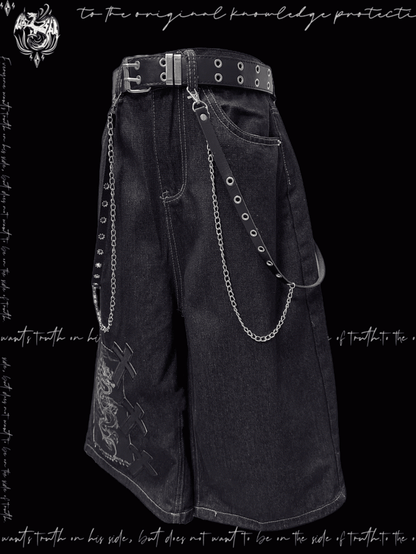 Dark Blue Dragon and Cross Appliques Punk Wide-Leg Jeans