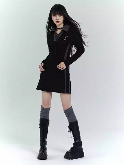 Gothic Black Short Version Dress with Lace-up Detail at Front