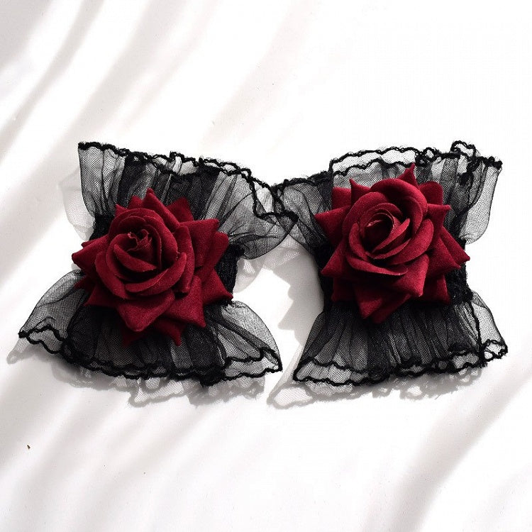 Black Gothic Rosette Lace Wrist Cuffs
