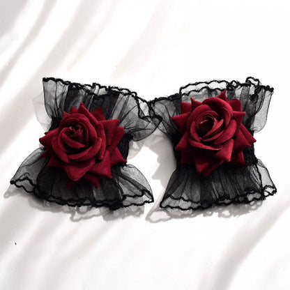 Black Gothic Rosette Lace Wrist Cuffs