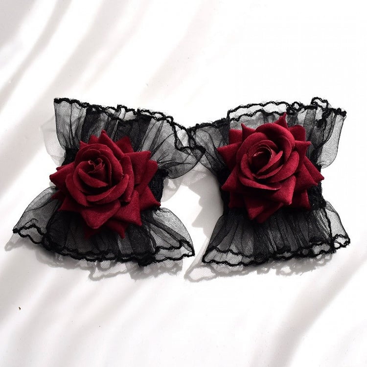 Black Gothic Rosette Lace Wrist Cuffs