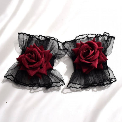 Black Gothic Rosette Lace Wrist Cuffs