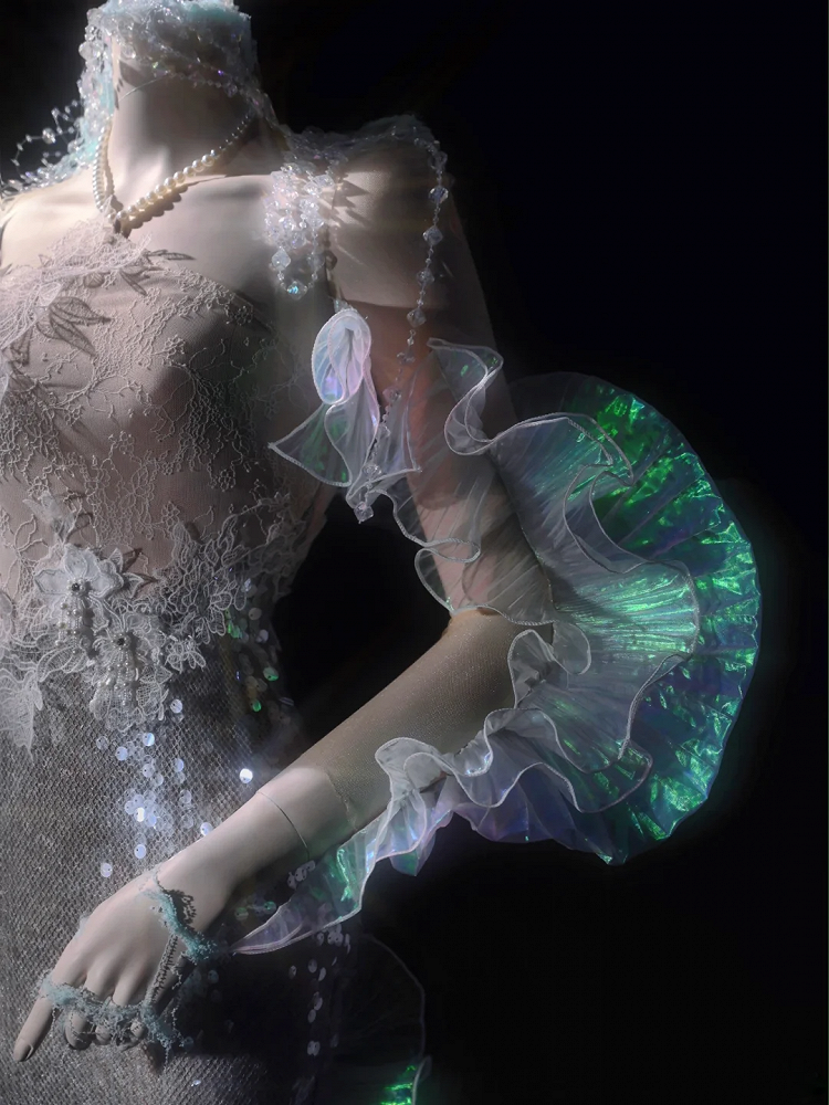 Caudal Fin-shaped Cascading Ruffle Design Sheer Nude Tulle Shrug