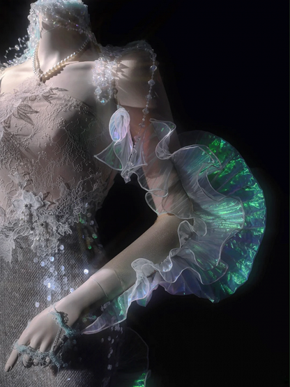 Caudal Fin-shaped Cascading Ruffle Design Sheer Nude Tulle Shrug