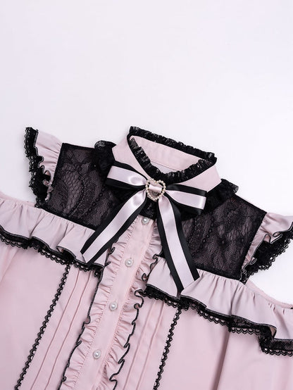 Open Shoulders and Illusion Neckline Jirai Kei Long Sleeves Pink Blouse