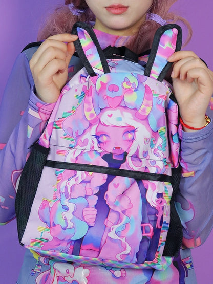 Pink Y2K Backpack with Cartoon Print and Bunny Ear Accents
