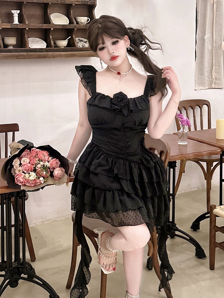 Plus Size Black Polka-dot Pattern Ruched Dress Summer Princess Dress