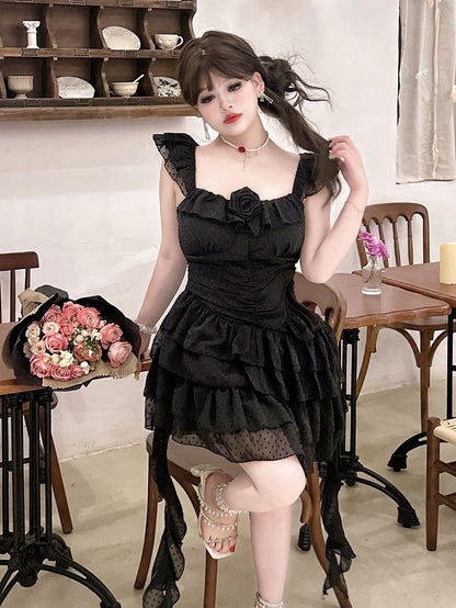 Plus Size Black Polka-dot Pattern Ruched Dress Summer Princess Dress