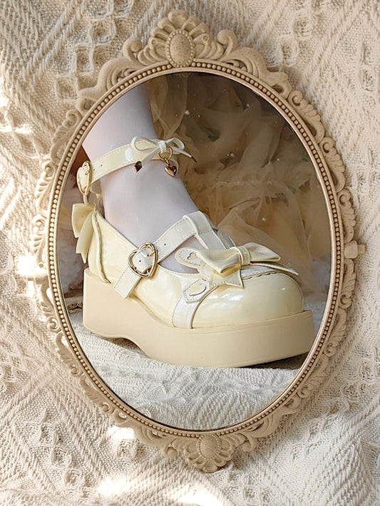 Yellow Sweet Lolita Heart Details Bunny Ear Bow at Top T-strap Platforms