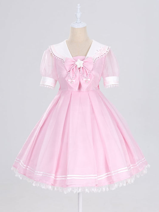 Star Lace Trimmed Sailor Collar Short Sleeves Pink Lolita Dress with a Free Bowtie Magical Girl Dress