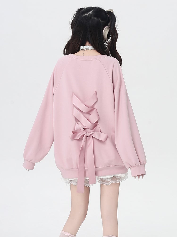 Self-tie Bowknot at Back Pink/Black Round Neck Graphic Sweatshirt