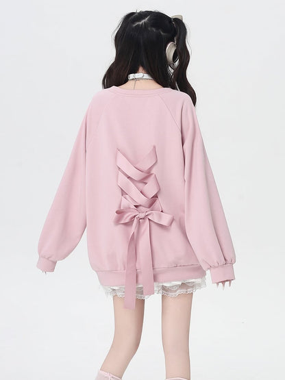 Self-tie Bowknot at Back Pink/Black Round Neck Graphic Sweatshirt