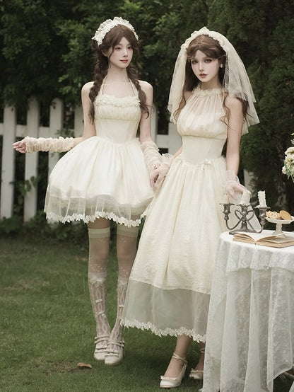 Elegant Beige Boned Basque Waist Illusion Halter Neck Dress + Detachable Flower Bow + Hairband