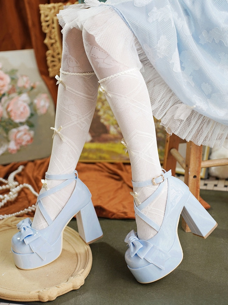 Crisscross Ankle Strap Blue Bow at Top 11cm High Heels