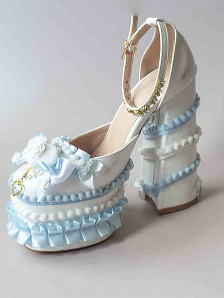 White & Blue Sweetheart and Bowknot Sweet Lolita PU High Block Heel Platforms