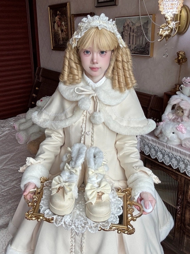 Sweet Lolita Yellow Platform Snow Boots - Pompom Charm, Bow Details & Furry Lining