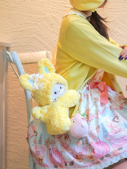 Yellow Rabbit-shaped Bowknot Plush Backpack + 3 Options Keychain Middle/Large Size